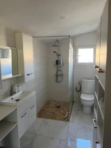 a white bathroom with a shower and a toilet at Chalet in Fleury-sur-Loire