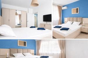 a hotel room with two beds and a tv at Апартамент Tiana 2 in Tsarevo