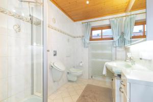 a bathroom with a toilet and a sink and a shower at Ferienwohnung Elisabeth in Reit im Winkl +12 photos
