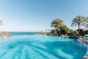 a large swimming pool with palm trees and the ocean at R2 Rio Calma in Costa Calma