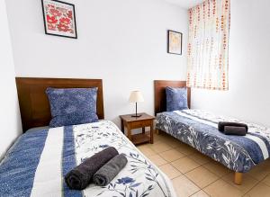 a bedroom with two beds with blue and white sheets at Élégant T3 avec terrasse & piscine et parking in Prayssac +32 photos