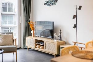 ein Wohnzimmer mit einem Flachbildfernseher auf einem Schrank in der Unterkunft Century 2A 0201 in Wenduine