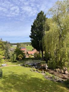 a garden with a bridge in the middle of a field at Parkhotel Krone Maleck in Emmendingen