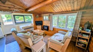 a living room with couches and a tv in a cabin at Lunalodge in Trawsfynydd
