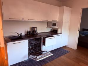 a small kitchen with white cabinets and a sink at Casa con vista sciliar Blu centro paese con parcheggio privato in Völs am Schlern +19 photos