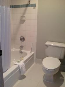 a bathroom with a white toilet and a bath tub at Shilo Inn Suites Warrenton in Warrenton