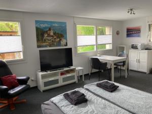 a living room with two beds and a flat screen tv at FeWo-Studio Linde in Amsoldingen