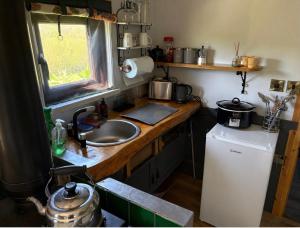 a kitchen with a counter and a sink and a refrigerator at Acorn Cabin in Welshpool +8 photos