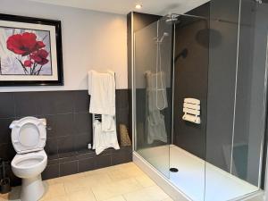 a bathroom with a toilet and a glass shower at The Moorings in Edmondsley