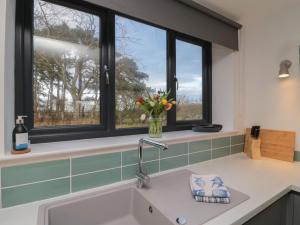 a kitchen sink with a vase of flowers in a window at Harvest Cottage 2 in Berwick-Upon-Tweed +42 photos