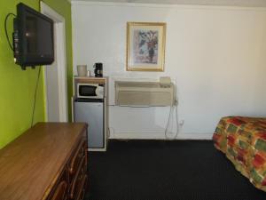 Una habitación con una cama y un televisor y una cocina. en Hillside Motel, en Homer