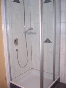 a shower with a glass door and a shower constructor at Ferienwohnung Störkle in Maselheim