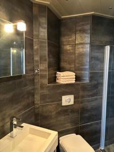 a bathroom with a toilet and a shower and a sink at Strandappartement Iselmar Makkum nr 30 in Makkum +15 photos