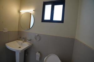 a bathroom with a sink and a toilet and a mirror at Oasis Living in Islamabad +13 photos