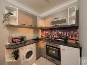 a kitchen with a washing machine and a washer and dryer at RentHouse Apartments Smart-Accomodation in Chişinău