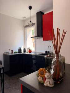 a kitchen with black cabinets and a vase on a counter at Casa Anna - Paderno-H SanCarlo-Rho Fiera-Niguarda in Paderno Dugnano +6 photos