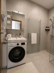 a bathroom with a washing machine and a sink at Guest House Klevu 17 in Palanga