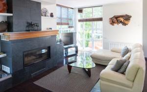 a living room with a couch and a fireplace at Casa D Aitana in Pardaces de Arriba