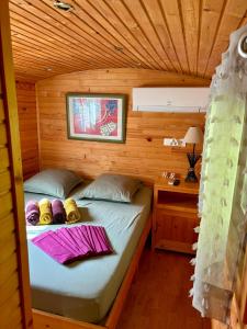 a bedroom with a bed in a wooden cabin at Des roulottes en Provence in Barbentane +37 photos