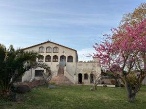 a large white house with a tree with pink flowers at L'Estança de Can Rodó in Vilobí d'Onyar