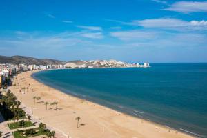 a view of a beach with palm trees and the ocean at Cullera Beach III in Cullera