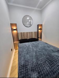 a bedroom with a large bed and a mirror at Бауржан Момушелы 28 in Fëdorovka