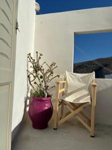 a chair and a potted plant sitting on a porch at Mikro Kastro in Amorgos