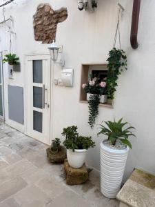 a patio with potted plants on the side of a building at Agrimi b&b in Mesagne