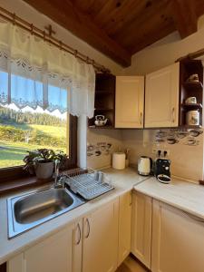 a kitchen with a sink and a window at Slnečný dvor Bukovinka in Dravce