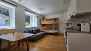 a kitchen and a living room with a couch and a table at Ski & Sky Apartment in Hinterstoder