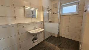 a bathroom with a sink and a shower at Ski & Sky Apartment in Hinterstoder +21 photos