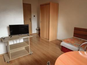 a living room with a tv on a table and a bed at Penzion Leona in Obecnice