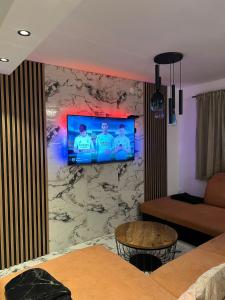 a living room with a tv on a stone wall at Apartman NIKOL in Senj