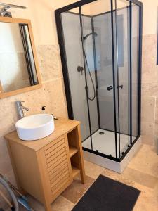 a bathroom with a sink and a shower at La Perle Rare in La Barthe +15 photos