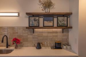 a kitchen counter with a sink and a shelf at The Promissory Hotel in Roanoke +36 photos