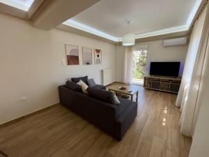 a living room with a black couch and a television at Alimos Signature in Athens