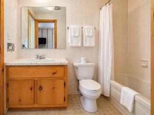 a bathroom with a toilet and a sink and a tub at Baddeck Inn in Baddeck