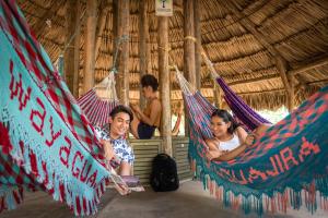 a group of people sitting in hammocks in a hut at Hotel Waya Guajira By OxoHotel in Albania