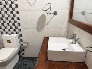 a bathroom with a sink and a toilet and a mirror at Green Senz - Tourist Board Approved Hotel & Hostel - Sigiriya in Sigiriya +40 photos