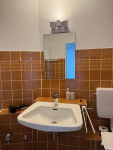 a bathroom with a sink and a mirror at Inselblick 3 in Schleswig