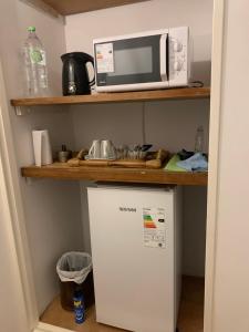 a microwave sitting on a shelf above a refrigerator at Comfort Suite in Vicente López