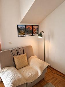 a couch in a living room with three pictures on the wall at Elena Apartment in Plužine