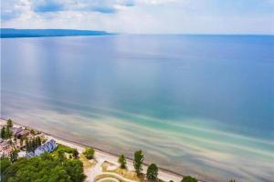 an aerial view of the beach and the ocean at Wavy Daze in Wasaga Beach in Wasaga Beach