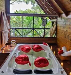 a bath tub with red mushrooms in a room with a window at Cabana com Cachoeira Privativa in Imaruí