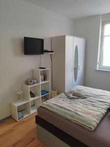 a bedroom with a bed and a tv on the wall at Altes Forsthaus Zwenkau in Zwenkau