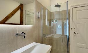 a bathroom with a shower and a sink and a mirror at Villa Pippingsburg am Strand in Ahlbeck +96 photos