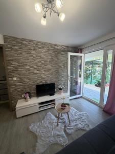ein Wohnzimmer mit Fernseher und einer Backsteinwand in der Unterkunft Apartman Teo in Blace