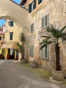 a building with two palm trees in front of it at Guest house Ivo in Lovran