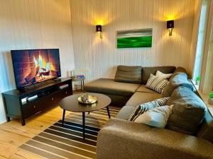a living room with a couch and a flat screen tv at Lundur in Borgarnes