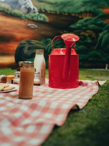a red tea kettle and milk on a picnic blanket at URBAN PIC NIC in Piazza Brembana